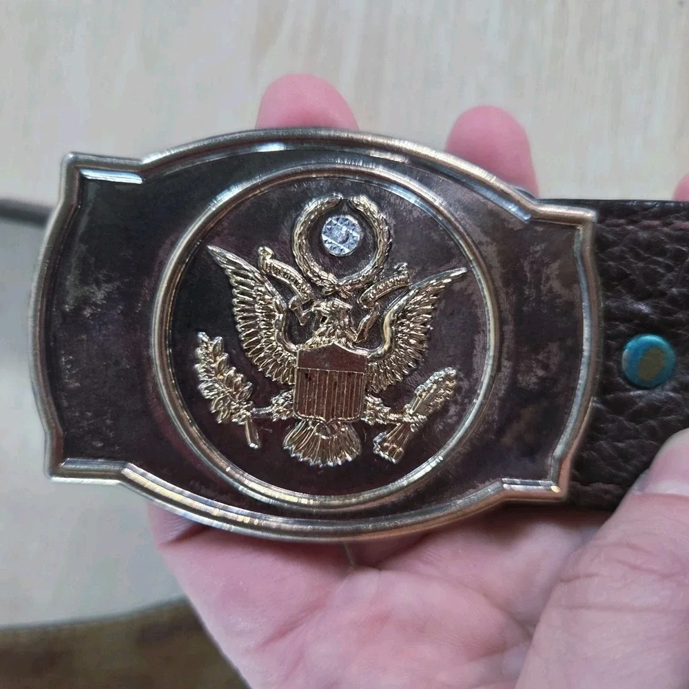 Vintage Leather Belt Eagle Buckle Brown Distressed Western Wide